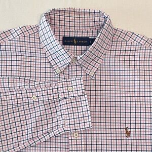 RALPH LAUREN Men’s Blue & Pink Plaid 100% Cotton Long Sleeves Flesh Pony Shirt